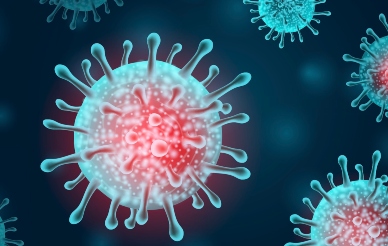 Red and blue image of a coronavirus