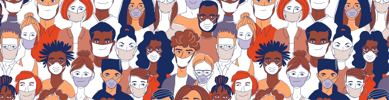 illustration of people of various races wearing masks. Blue, white, and brown tones.
